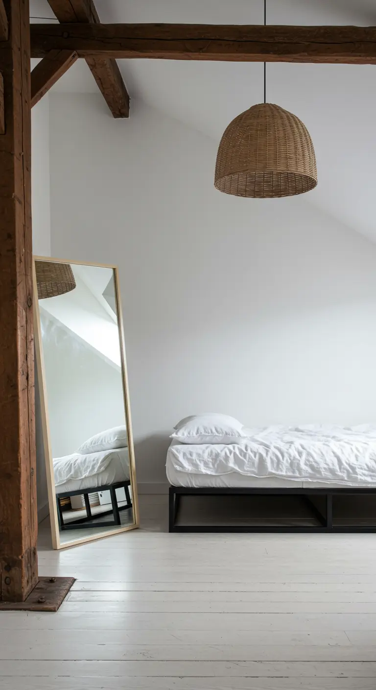 A minimalist bedroom with a low bed, a large leaning mirror, and a single woven pendant light.