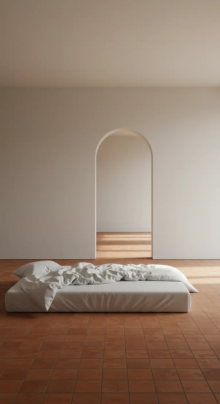 An extremely minimalist bedroom with a floor mattress on terracotta tiles and an arched doorway.