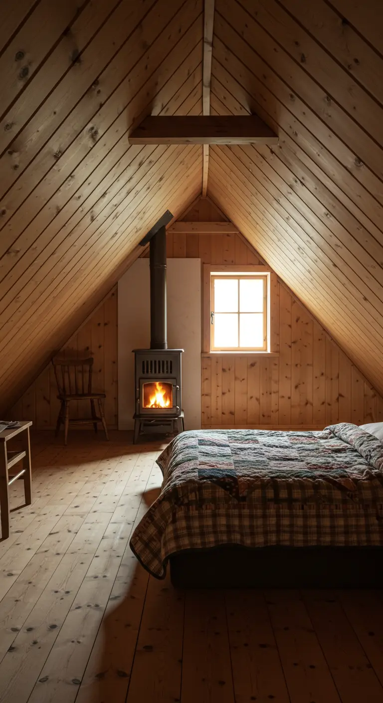 Cozy attic bedroom with sloped wood-paneled ceilings and a patchwork quilt on the bed.