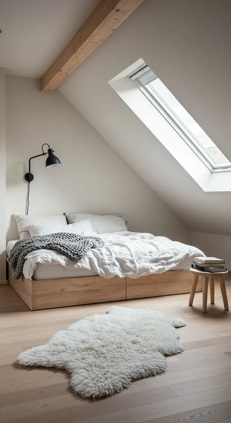 Scandinavian attic bedroom with a skylight and faux sheepskin rug.
