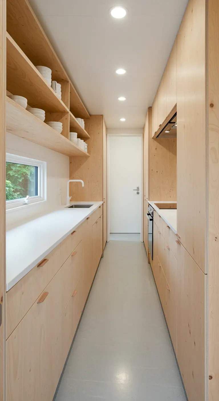 Narrow galley kitchen with light plywood cabinets, white countertops, and open shelving.