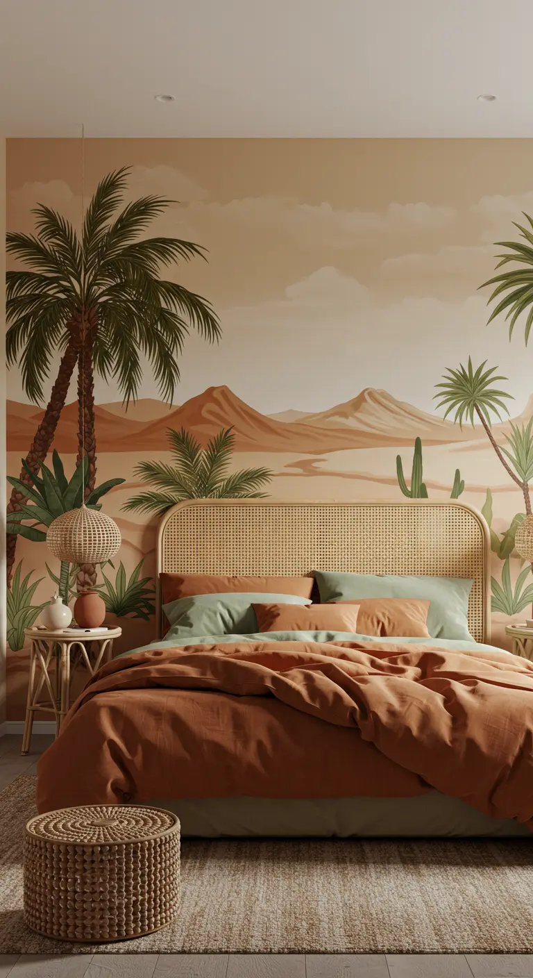 Bedroom with a desert landscape mural featuring palm trees, paired with terracotta bedding.
