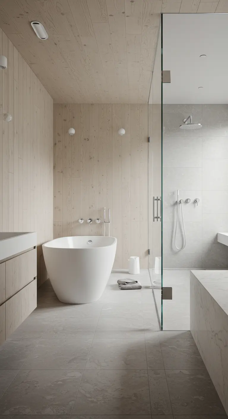 Minimalist bathroom with light wood-paneled walls, a freestanding tub, and a glass shower.
