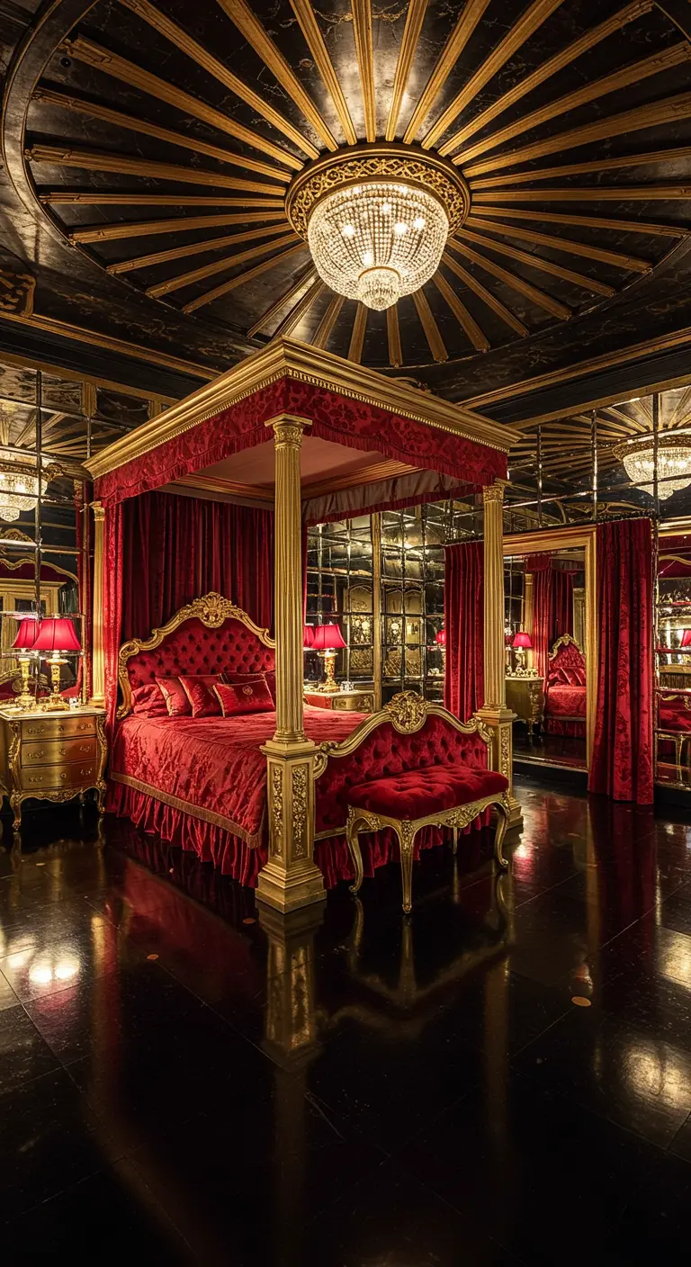 Opulent red and gold Art Deco bedroom with a canopy bed and mirrored walls.