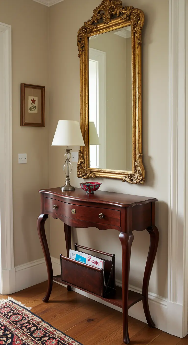 A traditional dark wood console table with a lamp and an ornate gold mirror in a classic entryway.