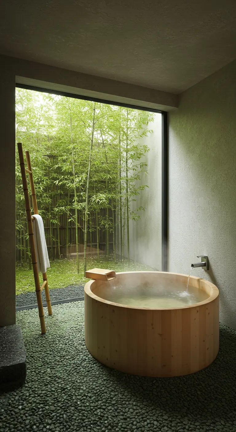 Round wooden ofuro tub on a green pebble floor before a bamboo garden.