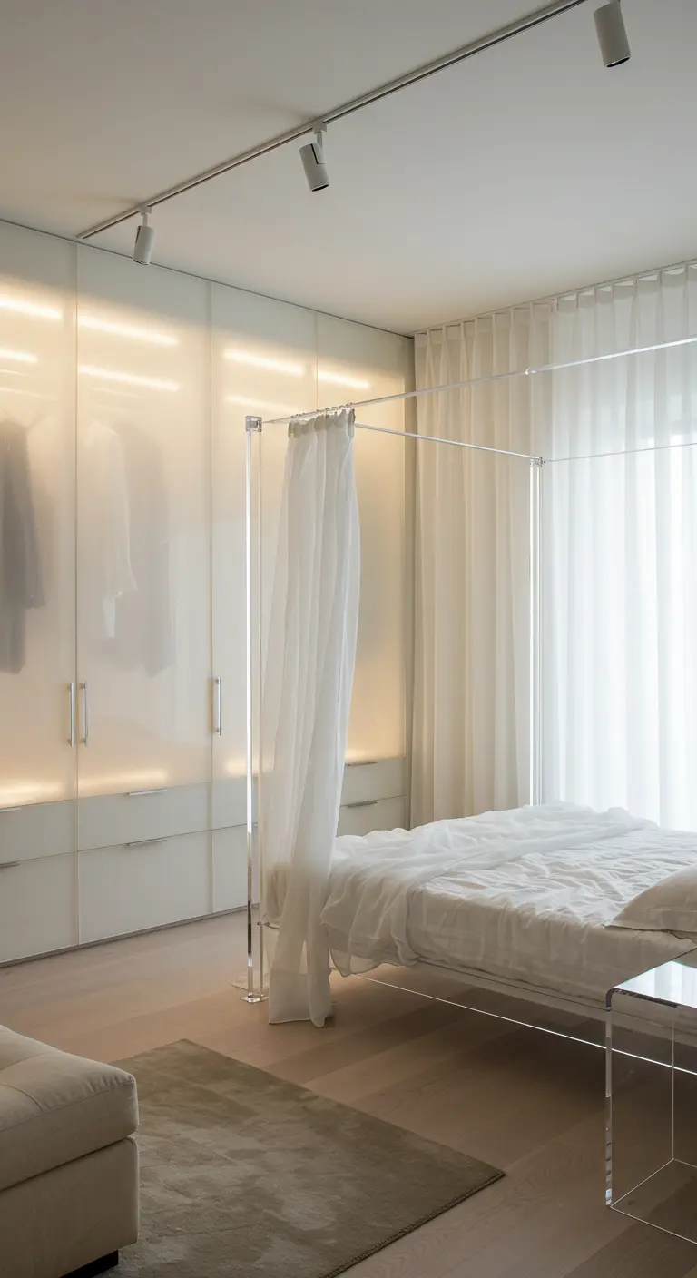 A bedroom with a transparent acrylic four-poster bed and backlit wardrobes.