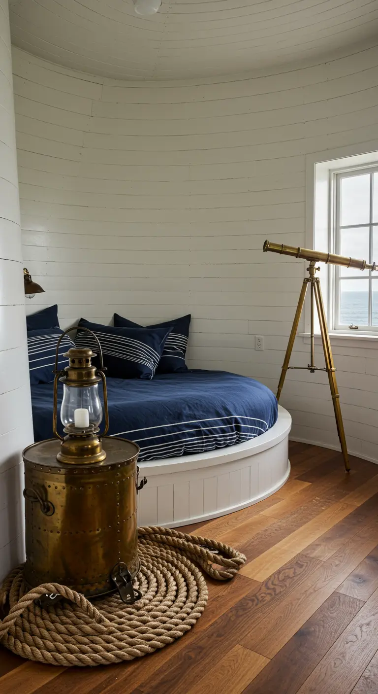 Circular bedroom in a lighthouse with a round bed, a brass telescope, and a coil of rope.
