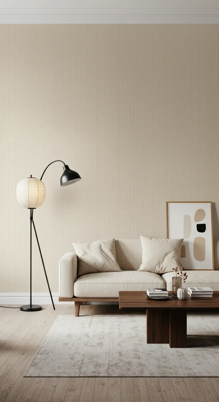 Minimalist living room with a textured beige wallpaper, a cream sofa, and a black tripod floor lamp.