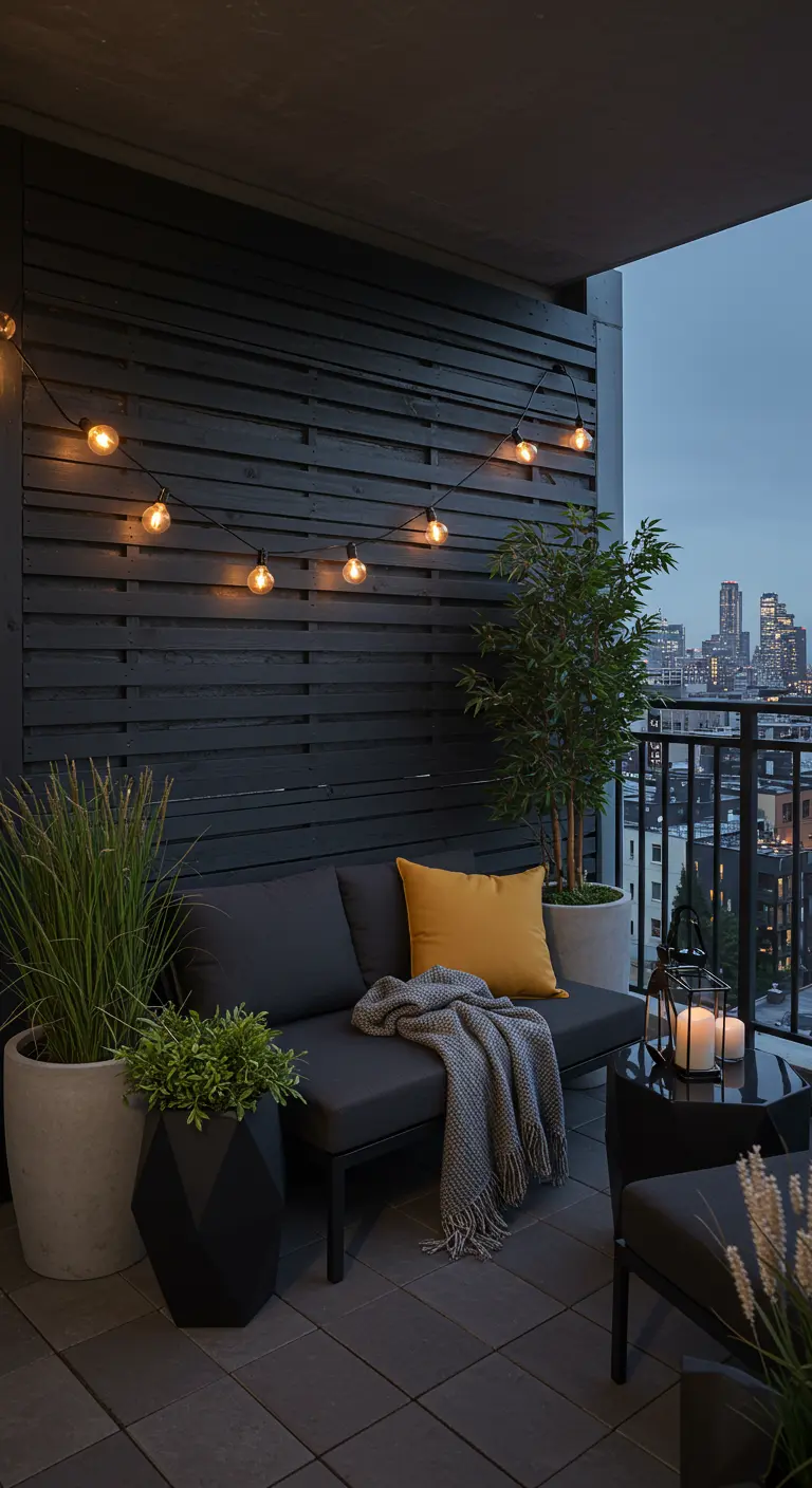 A modern balcony with a black slatted wall, gray sofa, and yellow accent pillow.