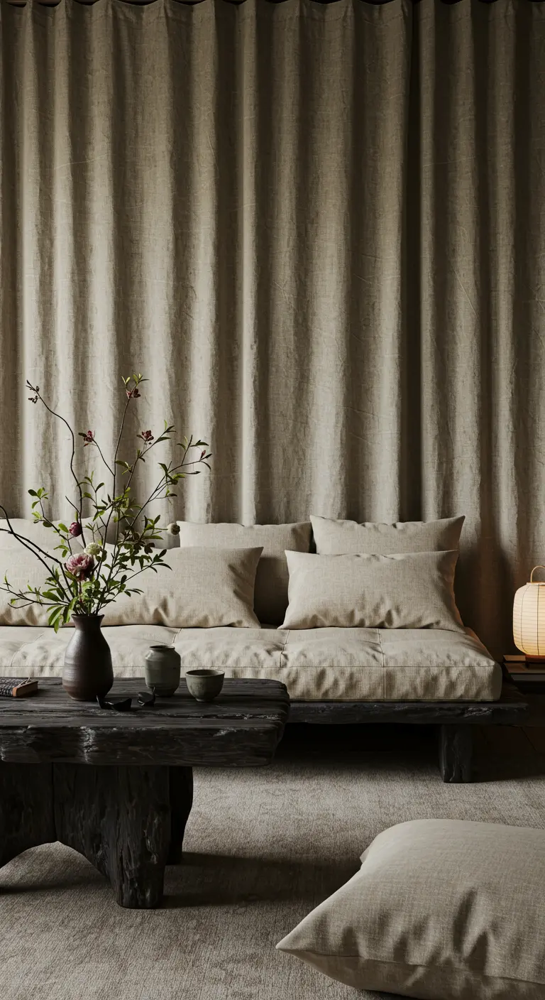 Minimalist room with a low sofa and heavy, earth-toned linen curtains as a backdrop.