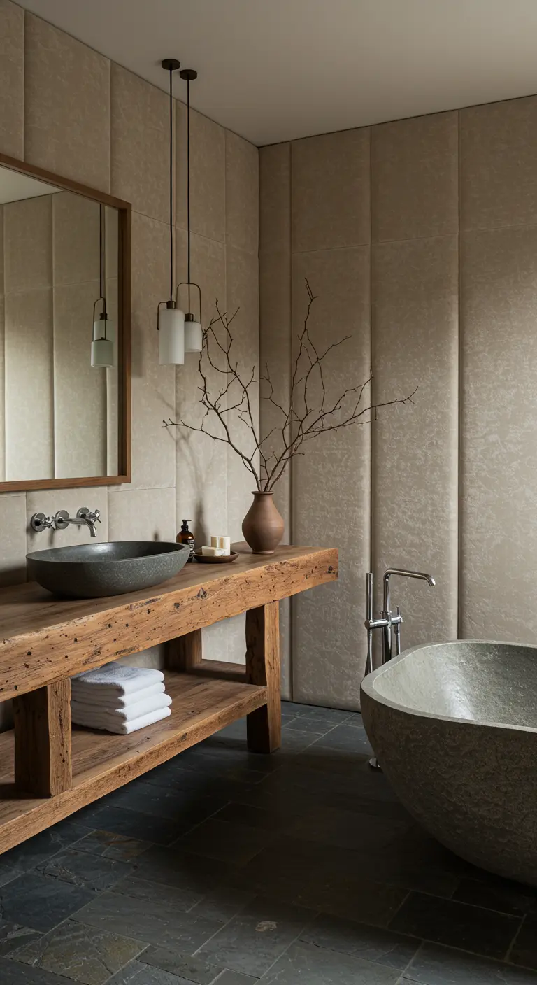 Wabi-sabi bathroom with beige fabric walls, a raw wood vanity, and a carved stone tub.