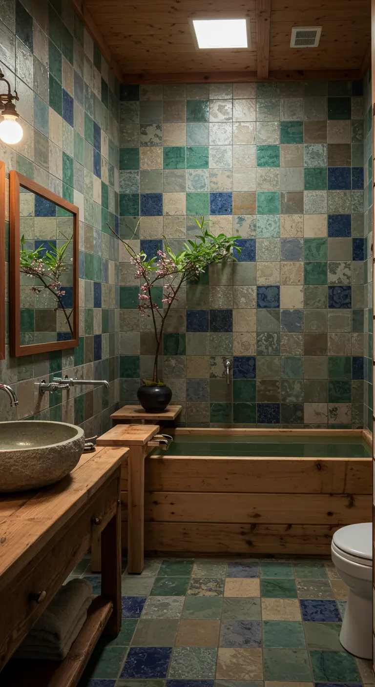 Japanese-inspired bathroom with a wooden soaking tub and variegated green and blue tiles.