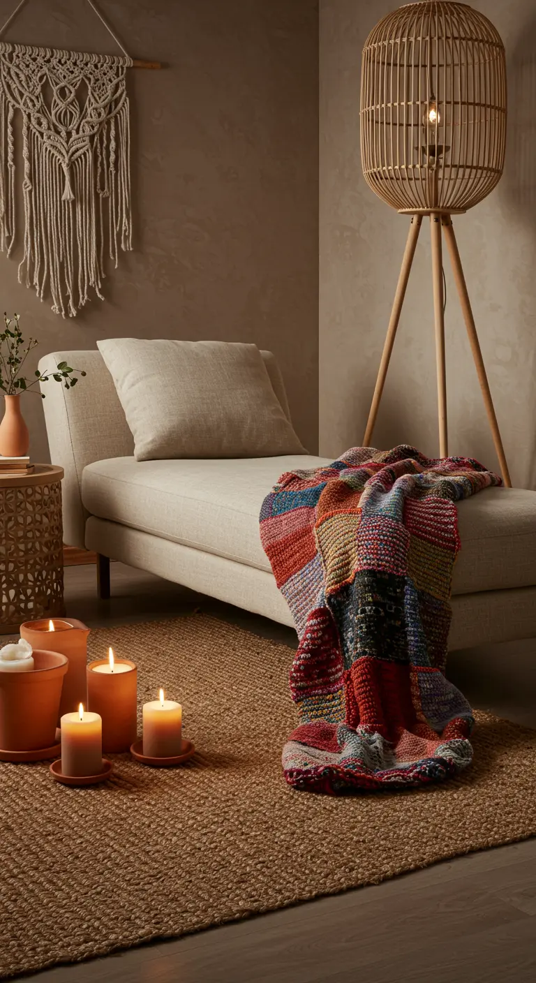 Neutral chaise lounge with a colorful patchwork throw, macrame wall art, and a rattan floor lamp.