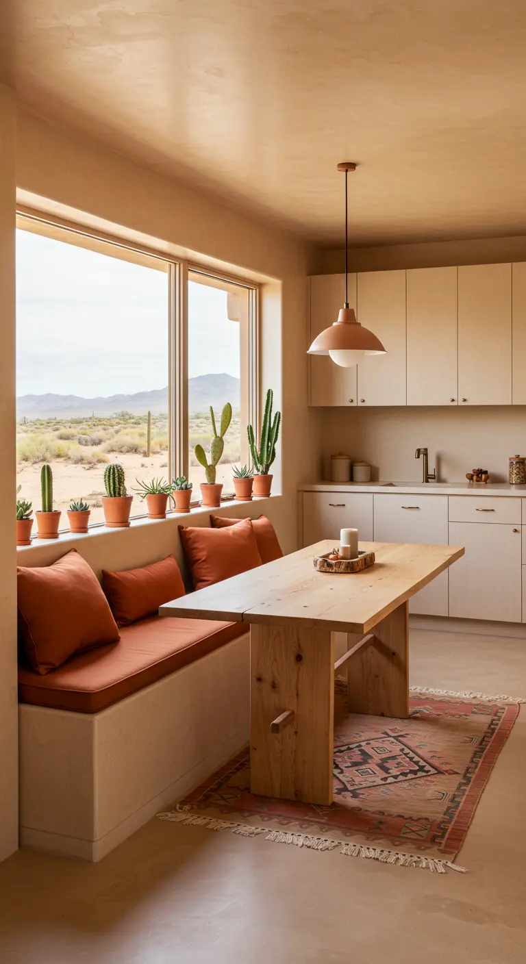 Desert modern kitchen with terracotta cushions and a raw wood table.