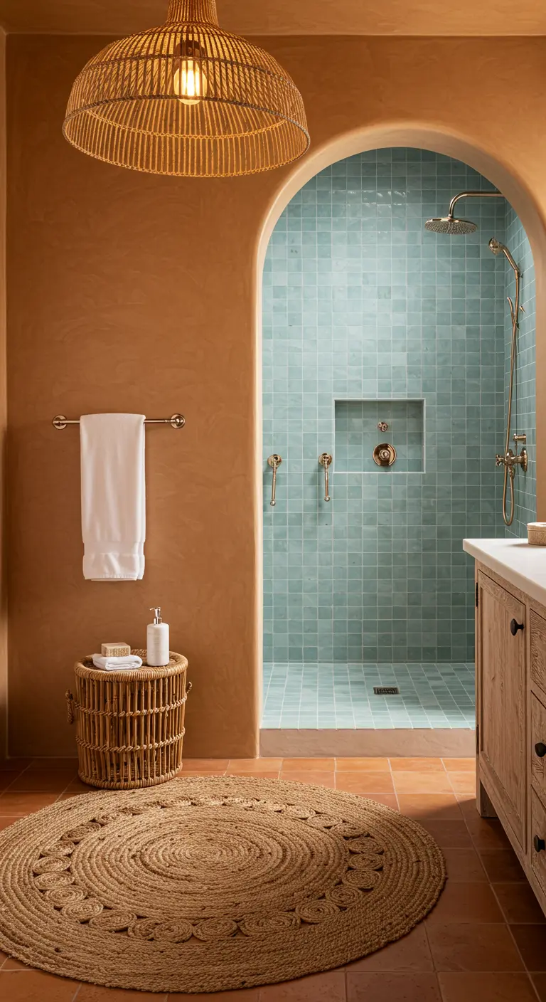 Terracotta-colored bathroom with an arched doorway into a tiled shower.
