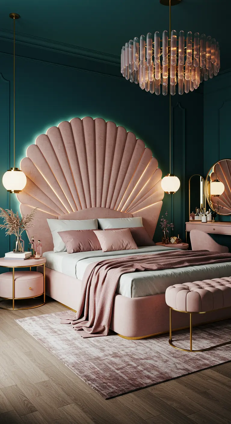 A large, shell-shaped pink velvet headboard is backlit against a dark teal wall.