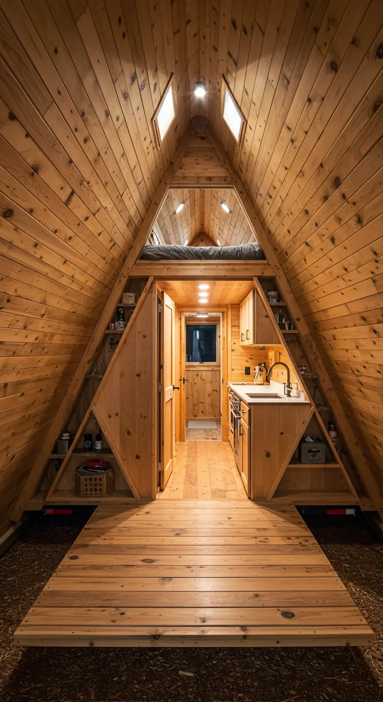 Interior of an A-frame tiny home showing custom triangular built-in shelving.