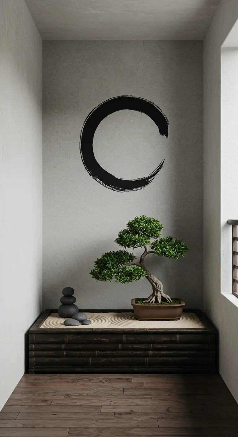 A minimalist balcony with a painted black Ensō circle, a bonsai tree, and stacked stones.