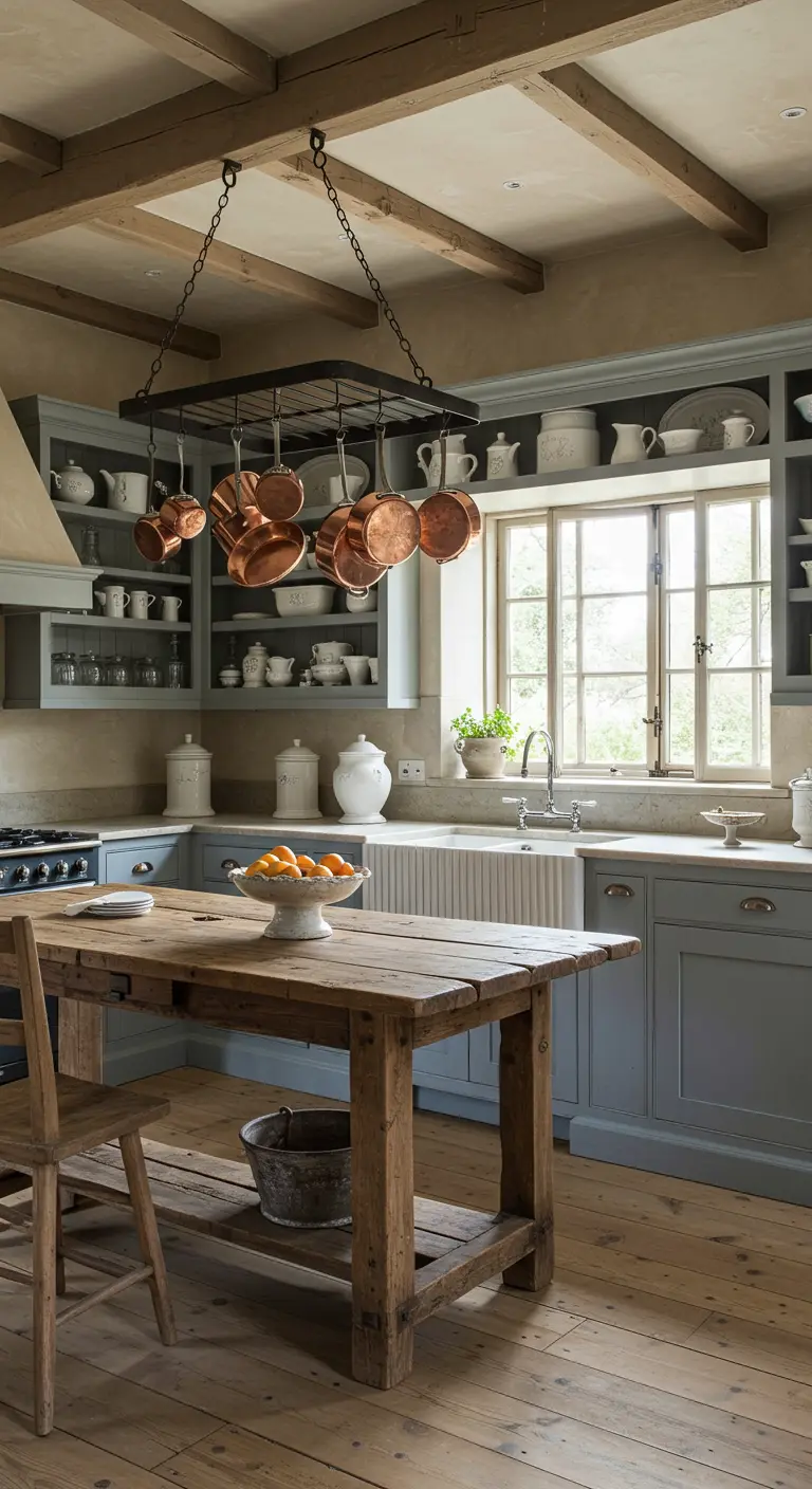 A Country French kitchen with gray-blue cabinets, open shelving displaying white pottery, and a rustic table.