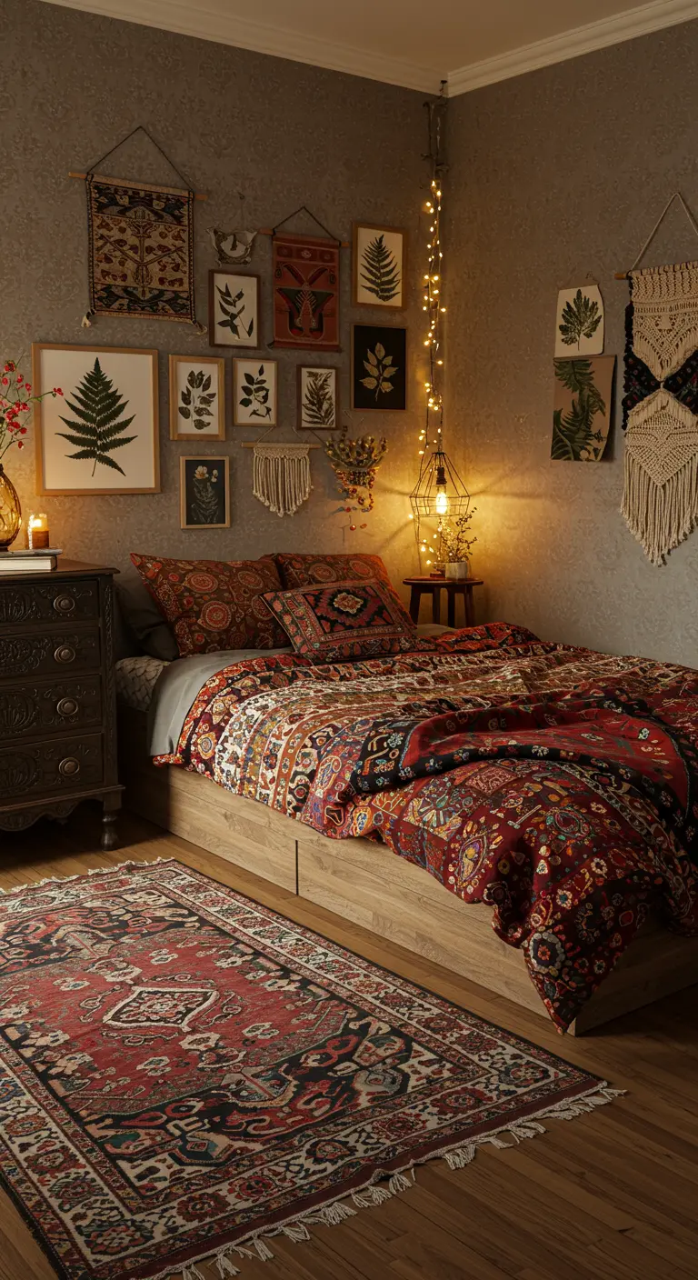 Bohemian bedroom with patterned bedding, a textured rug, and a gallery wall featuring textiles and botanical prints.