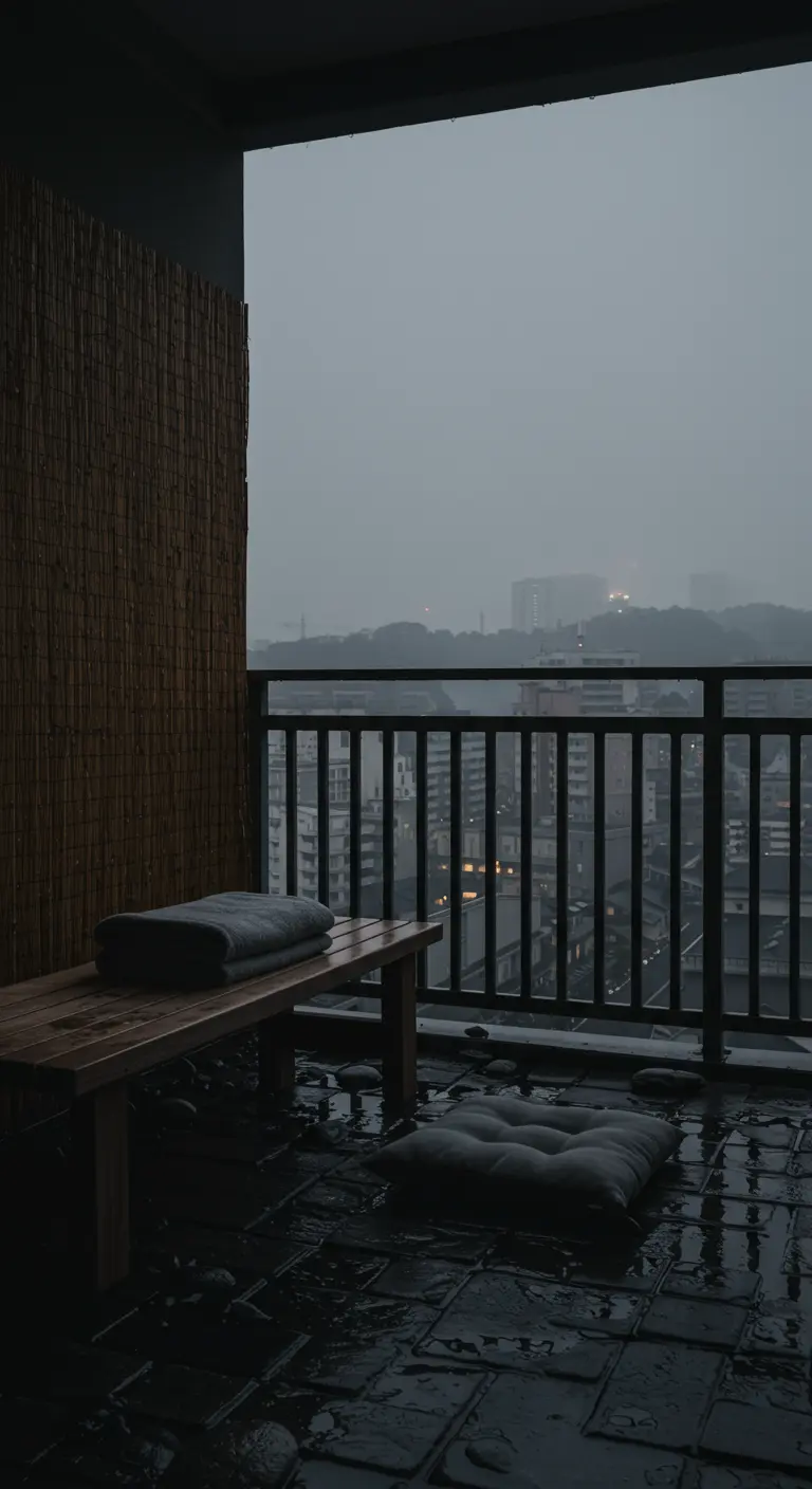 A dark, wet balcony on a rainy day with a wooden bench and a single floor cushion.