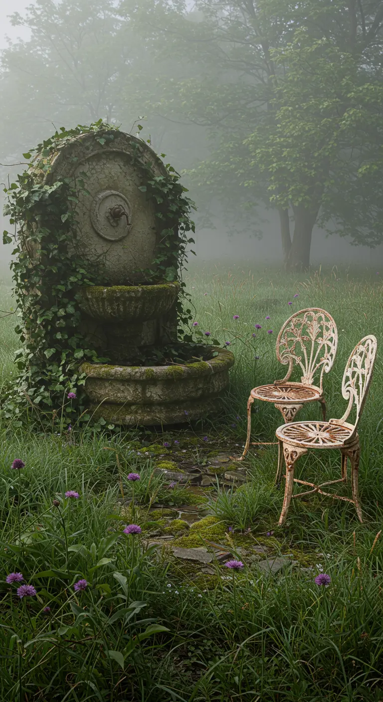 Ivy-covered stone fountain in a misty meadow with two white wrought iron chairs.