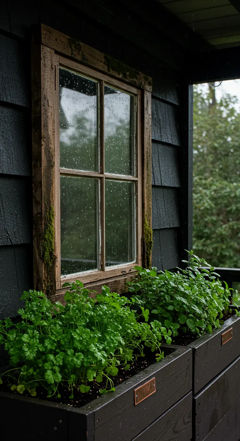 A naturally weathered, mossy window frame with a dark herb box filled with cilantro, glistening with rain.