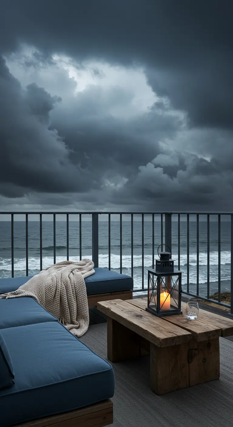 A balcony with dark blue cushions and a cozy throw blanket overlooking a stormy sea.