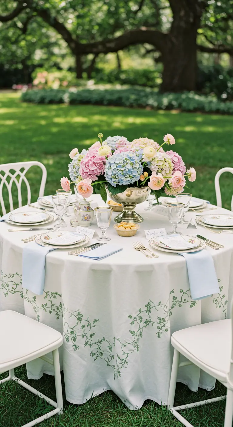 Elegant garden table with an embroidered white cloth and a pastel hydrangea centerpiece.