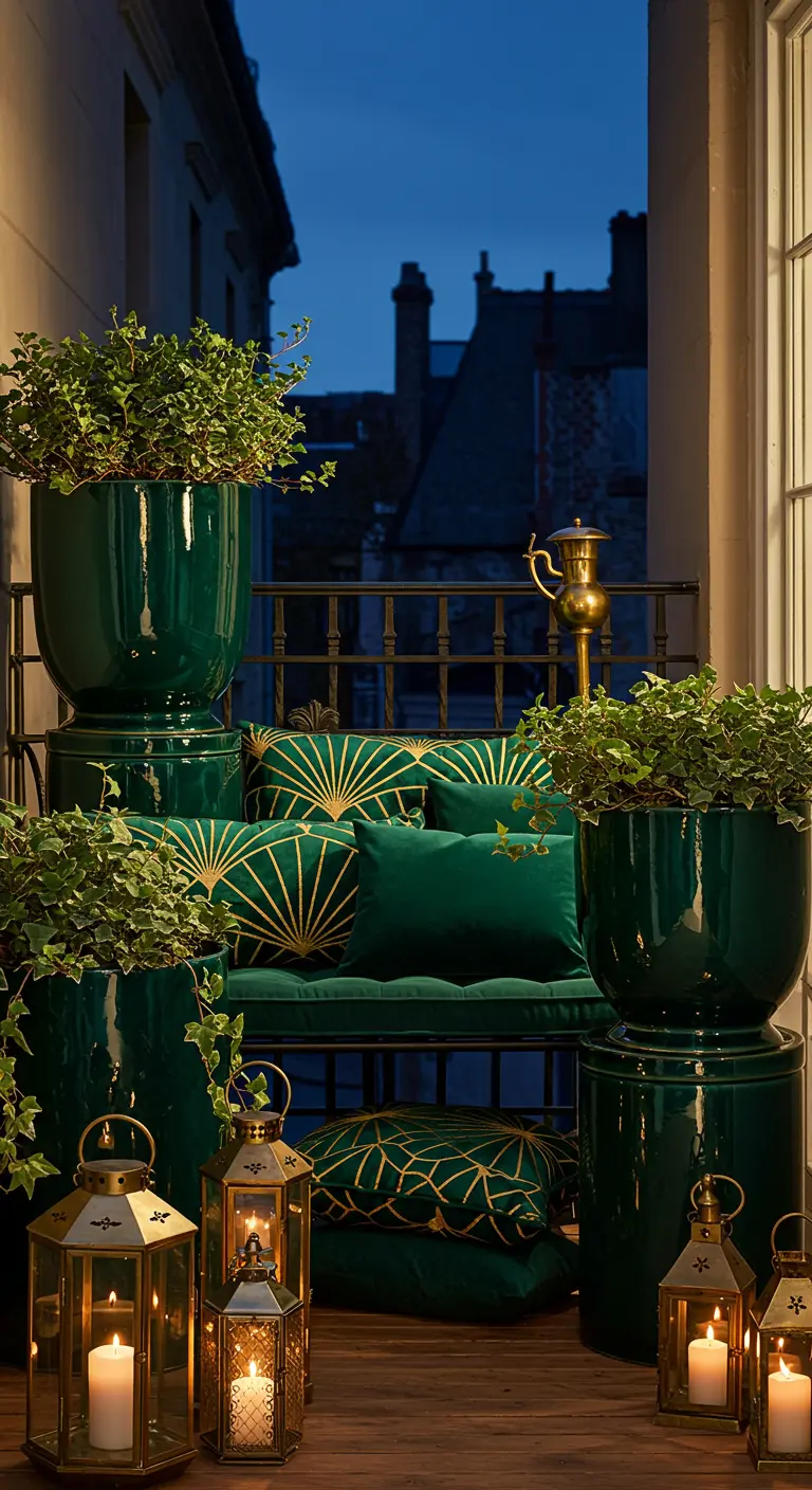 A luxurious balcony at night with emerald green velvet cushions, glossy planters, and gold lanterns.