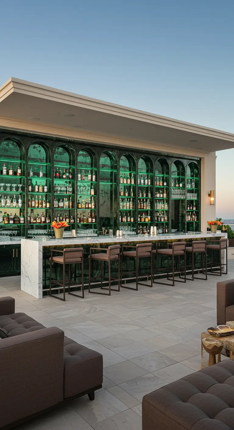Grand terrace bar with emerald green arched mirrored shelves and a white marble counter.
