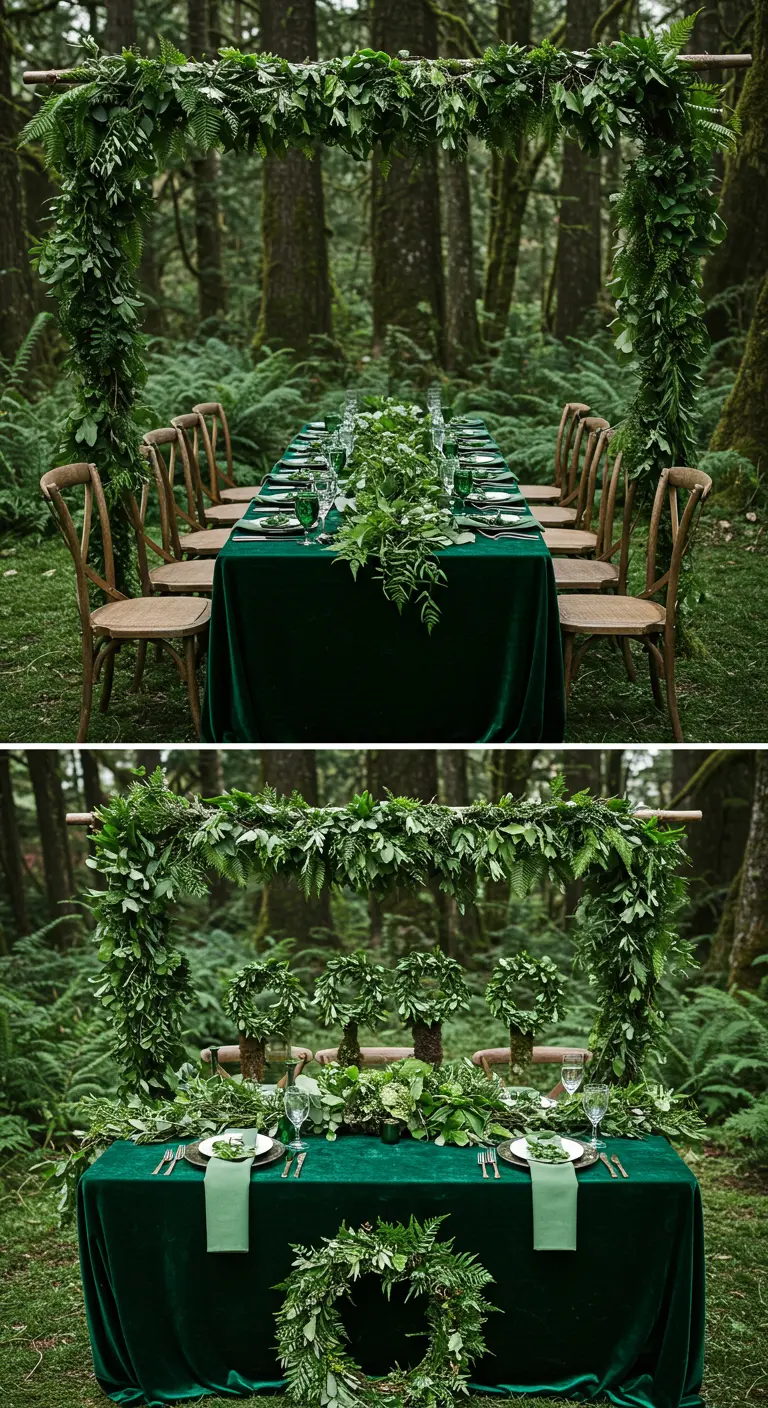A wedding table with an emerald velvet tablecloth and all-greenery decorations.