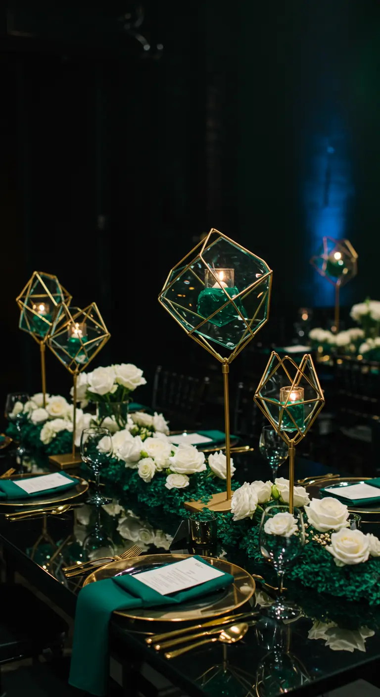 A modern tablescape with emerald green napkins, white roses, and gold geometric candle holders.