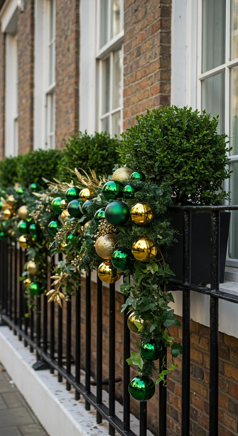 Window box with boxwood globes, overflowing with emerald and gold baubles.