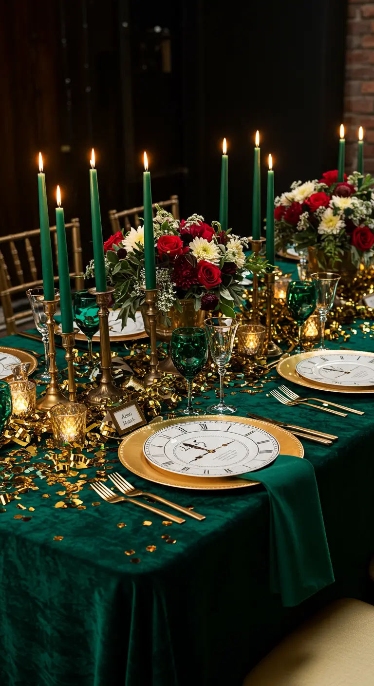 A luxurious NYE table with an emerald green velvet cloth, gold chargers, and red floral arrangements.