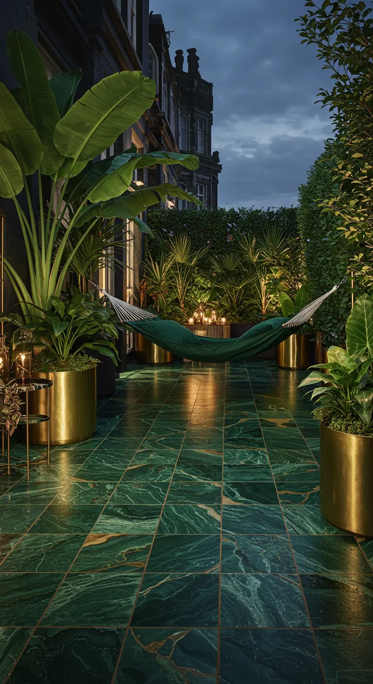 Luxurious terrace with green marble tiles, a dark green hammock, and large brass planters.