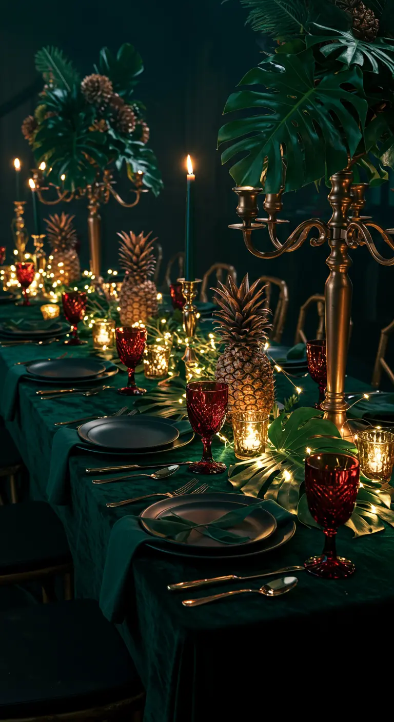 A luxe table with an emerald velvet cloth, gold pineapples, and brass candelabras