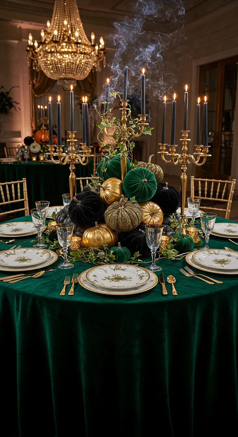 A lavish round table with an emerald velvet cloth and a centerpiece of green and gold pumpkins.