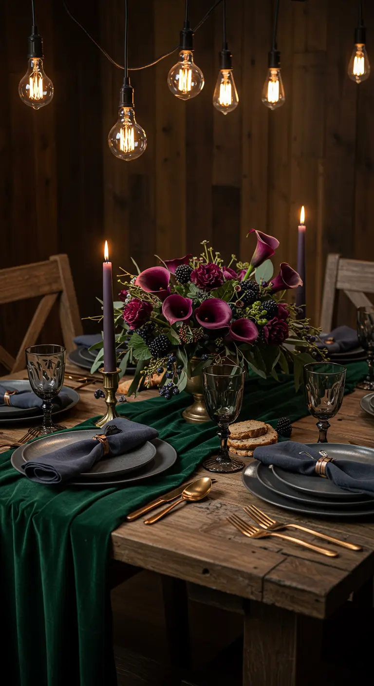 Dark table setting with emerald velvet, calla lilies, and hanging Edison bulbs.
