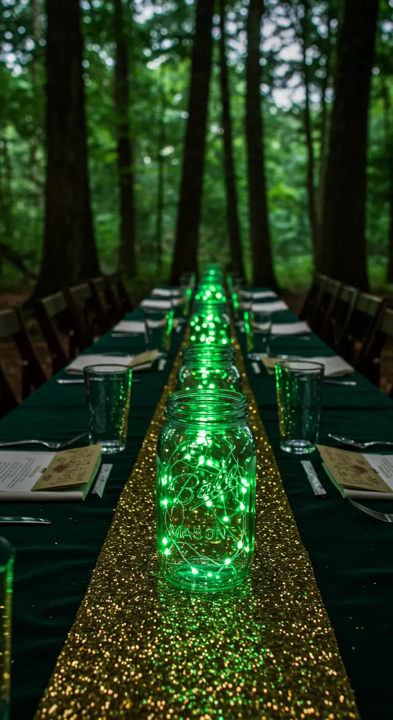 Table with a gold sequin runner and mason jars filled with green lights.