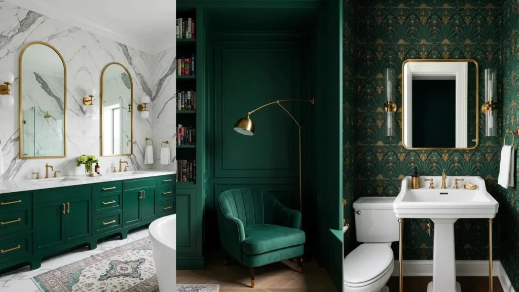Emerald green rooms featuring brass fixtures, velvet chairs, and Art Deco wallpaper in stylish interior designs.