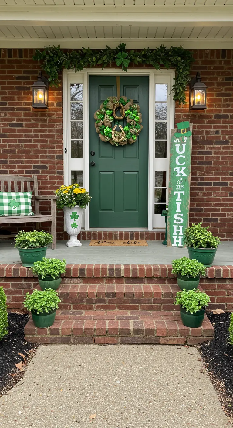 St. Patrick's Day porch with green door, shamrock wreath, and potted plants.