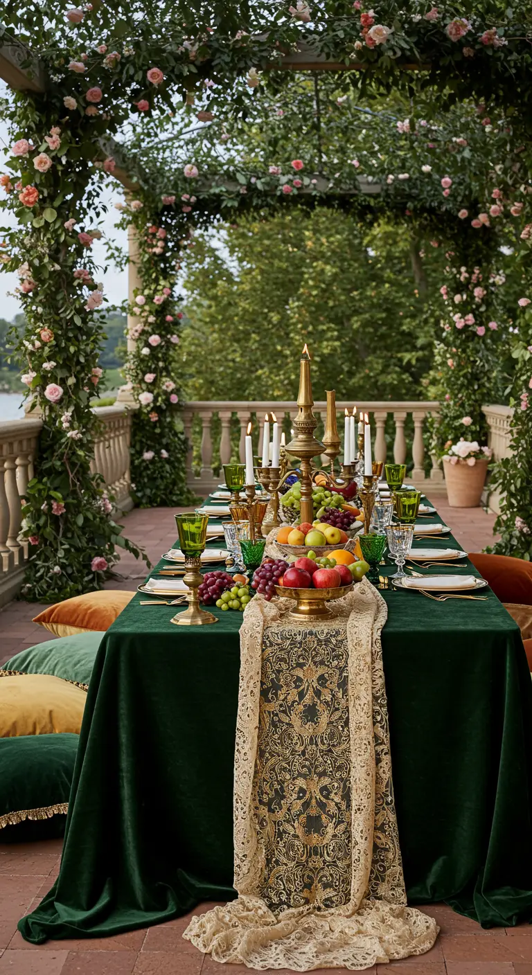A long table covered in a green velvet cloth and gold lace runner, set with brass goblets and fruit.