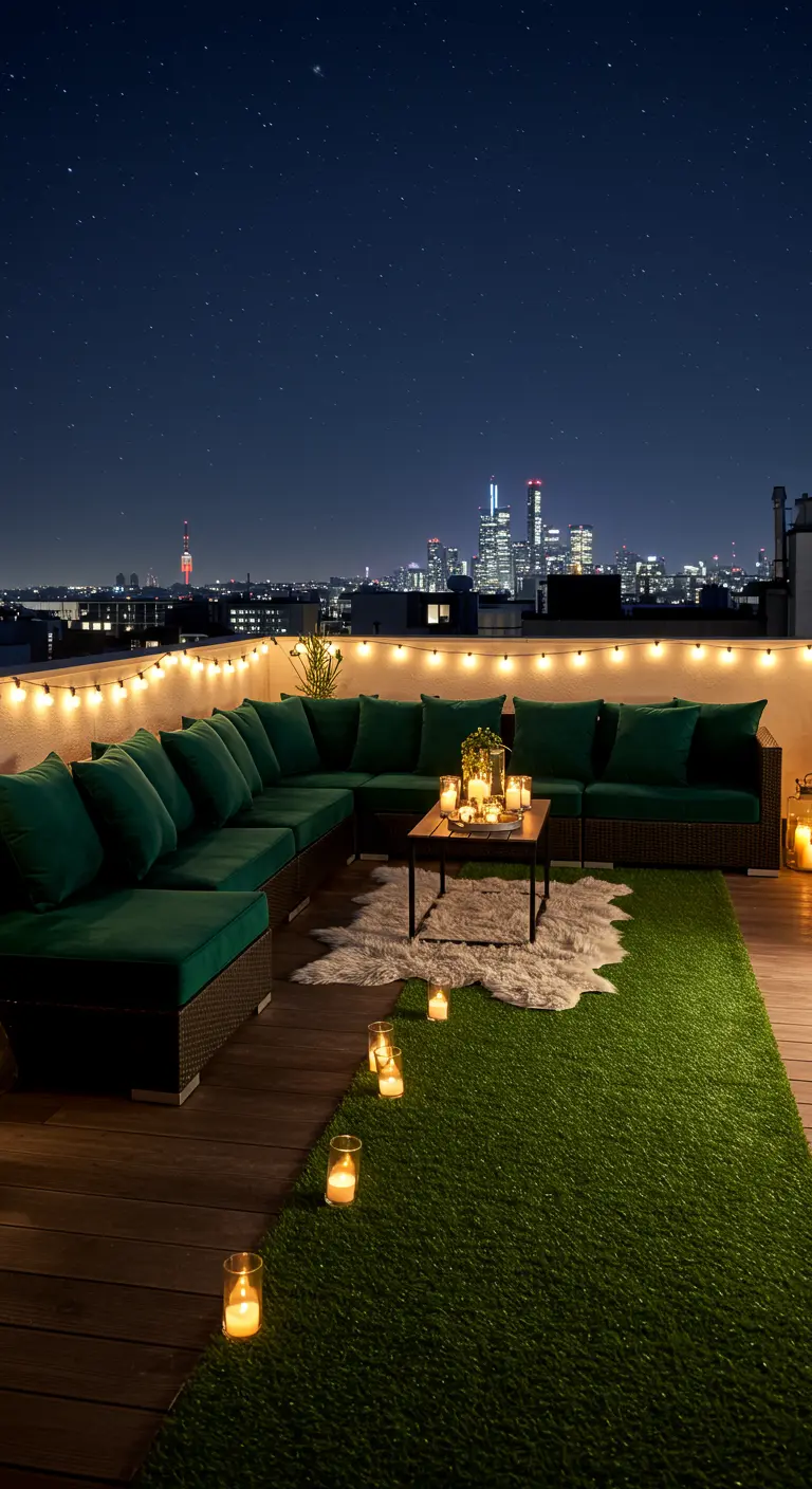 A rooftop terrace with a green velvet sofa, string lights, and a faux sheepskin rug.