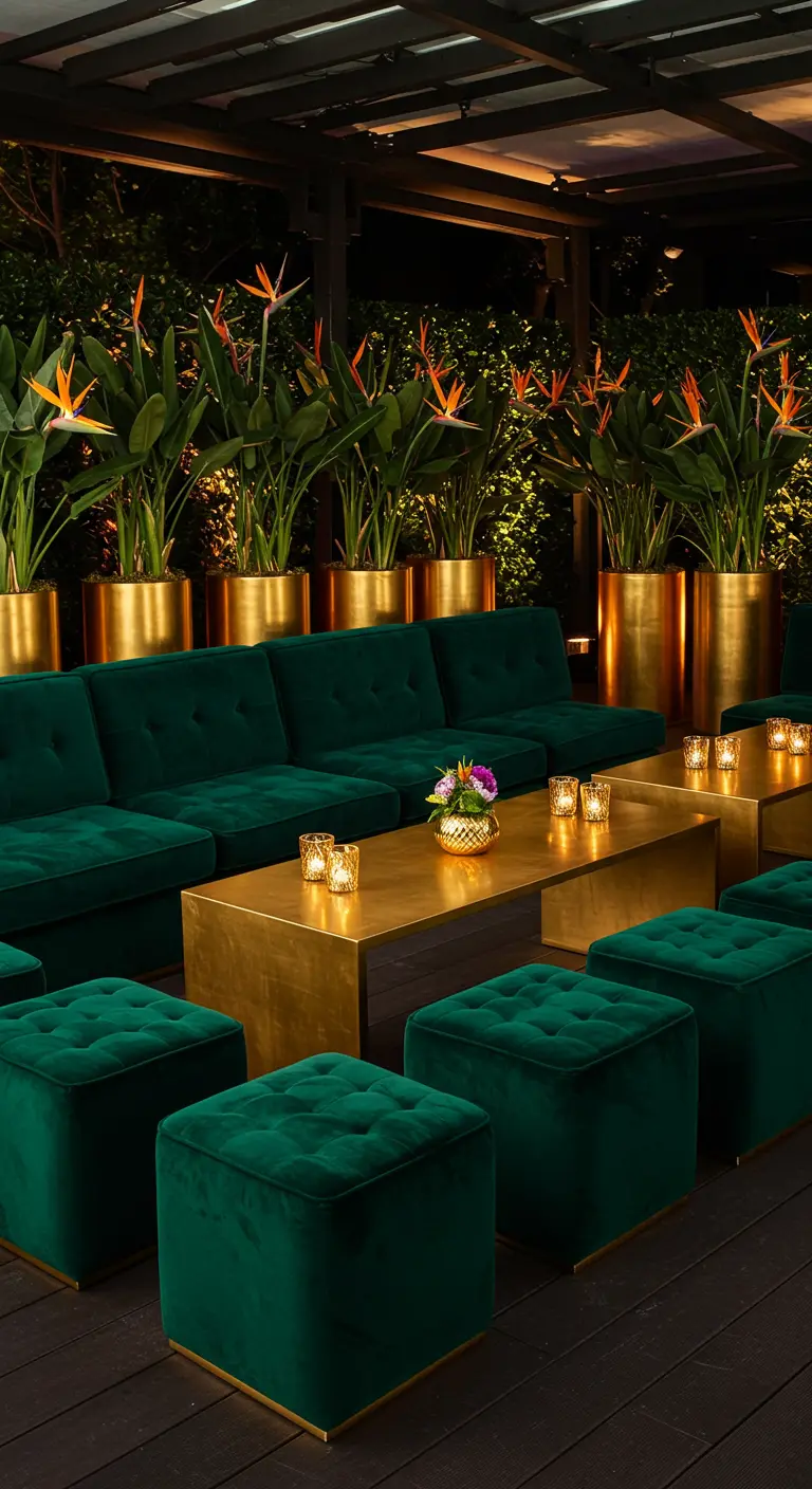 Emerald green velvet sofas and ottomans around a gold coffee table on a dark terrace at night.