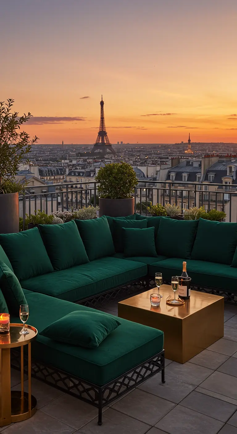 A rooftop lounge with a green velvet sectional and gold table overlooking the Paris skyline at sunset.
