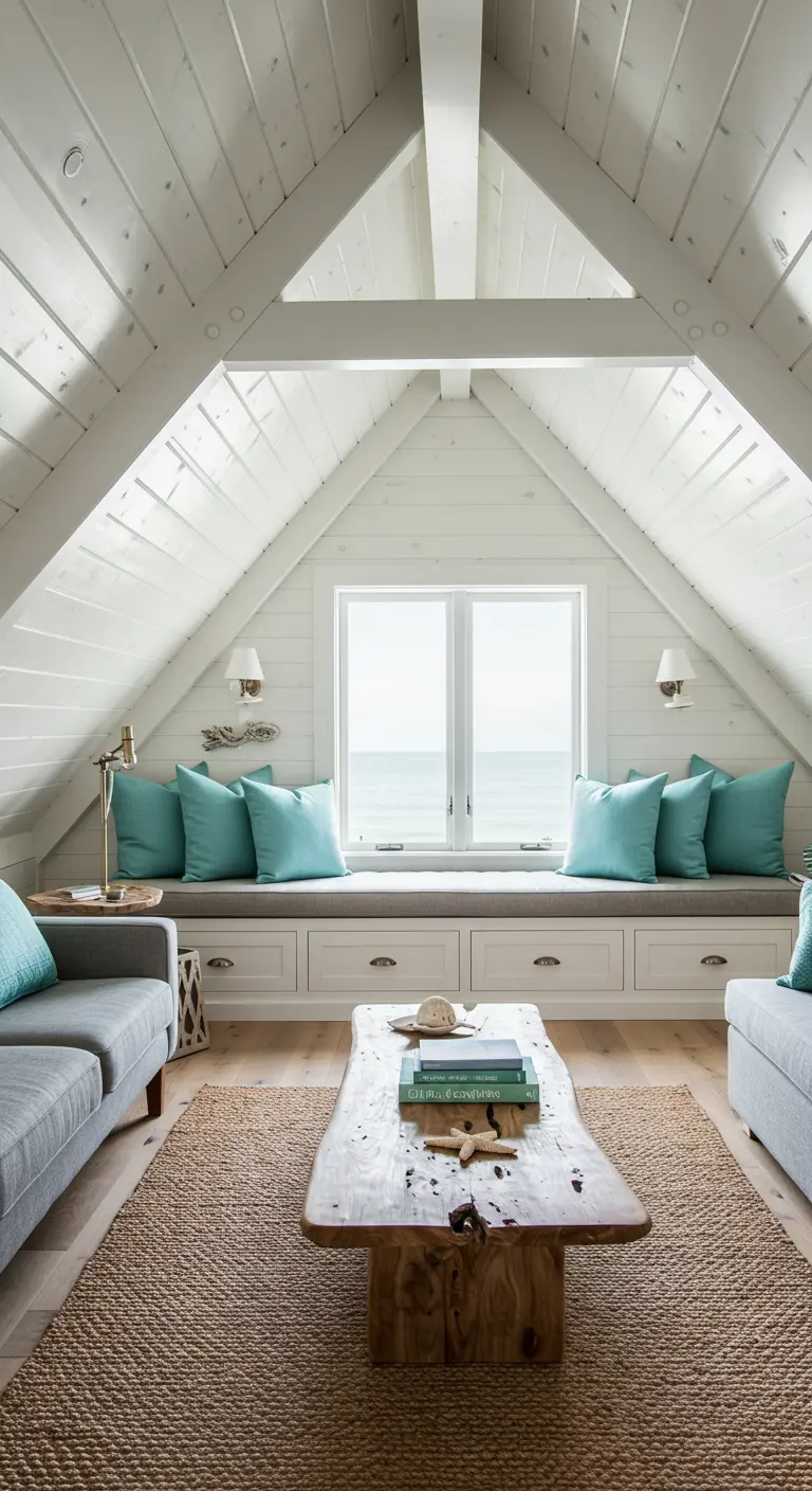 Attic living room with a white shiplap vaulted ceiling and a built-in window seat.