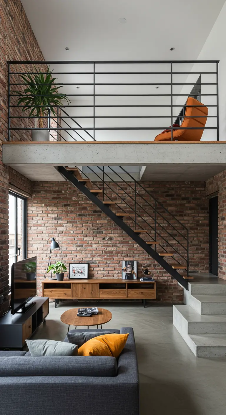 Two-story loft with an open mezzanine level overlooking the main living area.