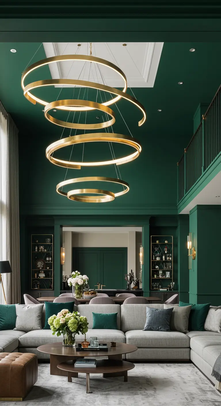 Double-height living room with emerald green walls and a very large, multi-tiered gold ring chandelier.